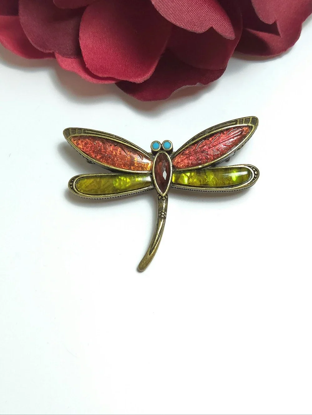 Vintage Liz Claiborne Red Lucite & Abalone Dragon Fly Brooch Antiqued Gold
